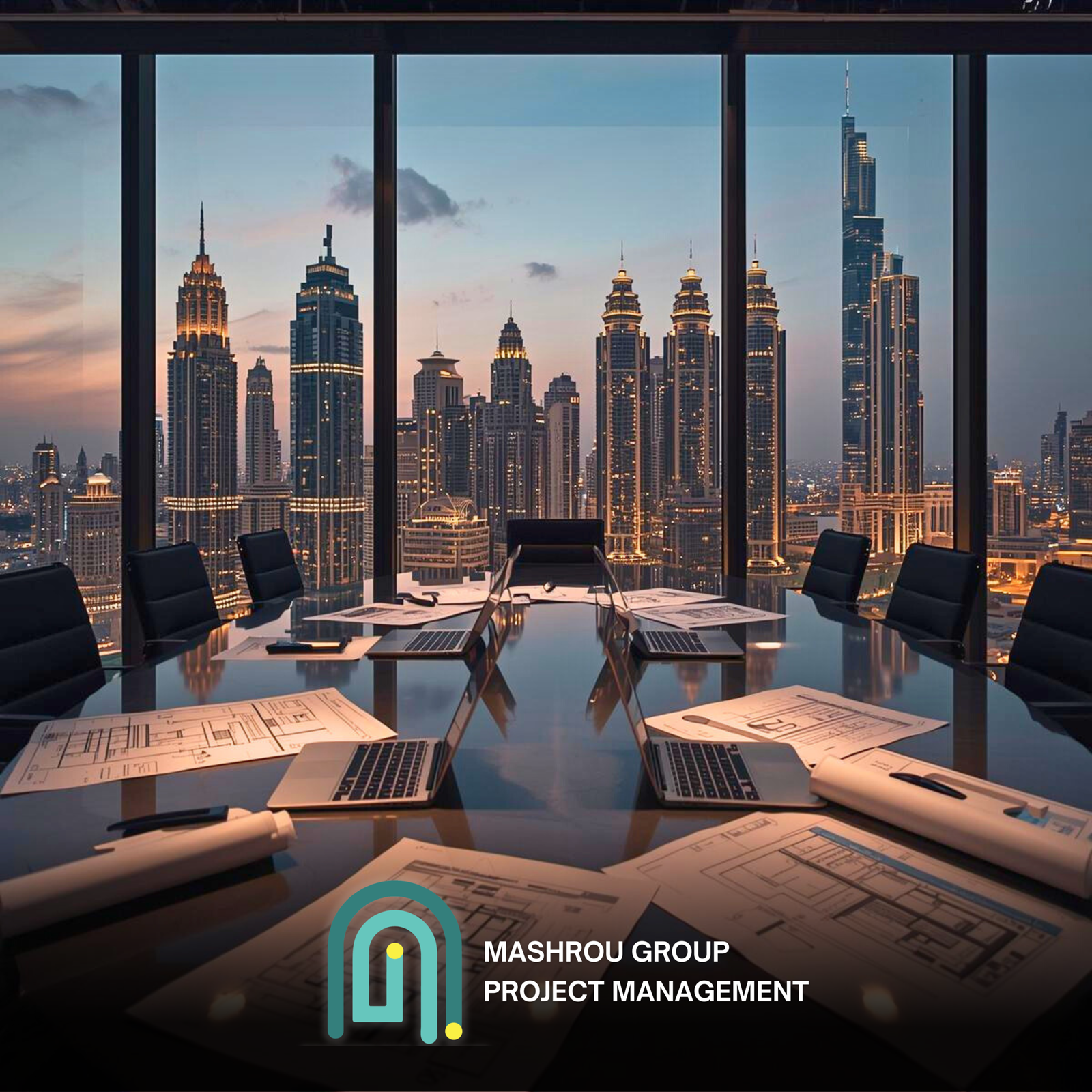 A modern meeting table with plans/laptops