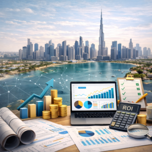 Business growth and Dubai skyline

