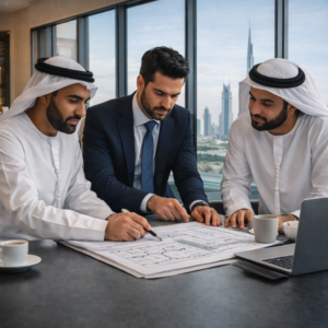 Business meeting with Dubai skyline backdrop