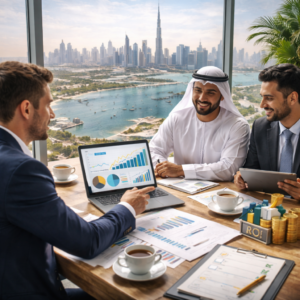 Business meeting with Dubai skyline view
