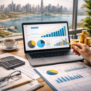 Contemporary workspace with financial focus

